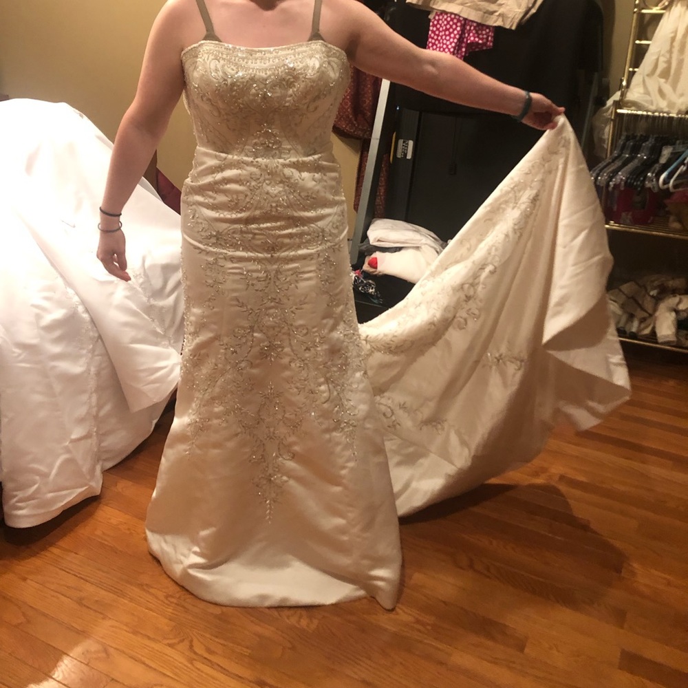Size 6 - Cream Color - Fitted Mermaid Dress with Lots of Embroidery and Beadwork - Picture 3 of 6